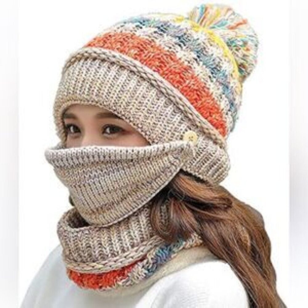 Multicolor Knit Pom-Pom Beanie Bundle